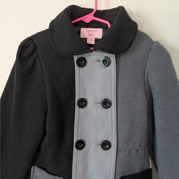 Copper Key Girls Black & Gray Colorblock Double Breasted Lined Pea Coat 6/6X - Picture 2 of 9